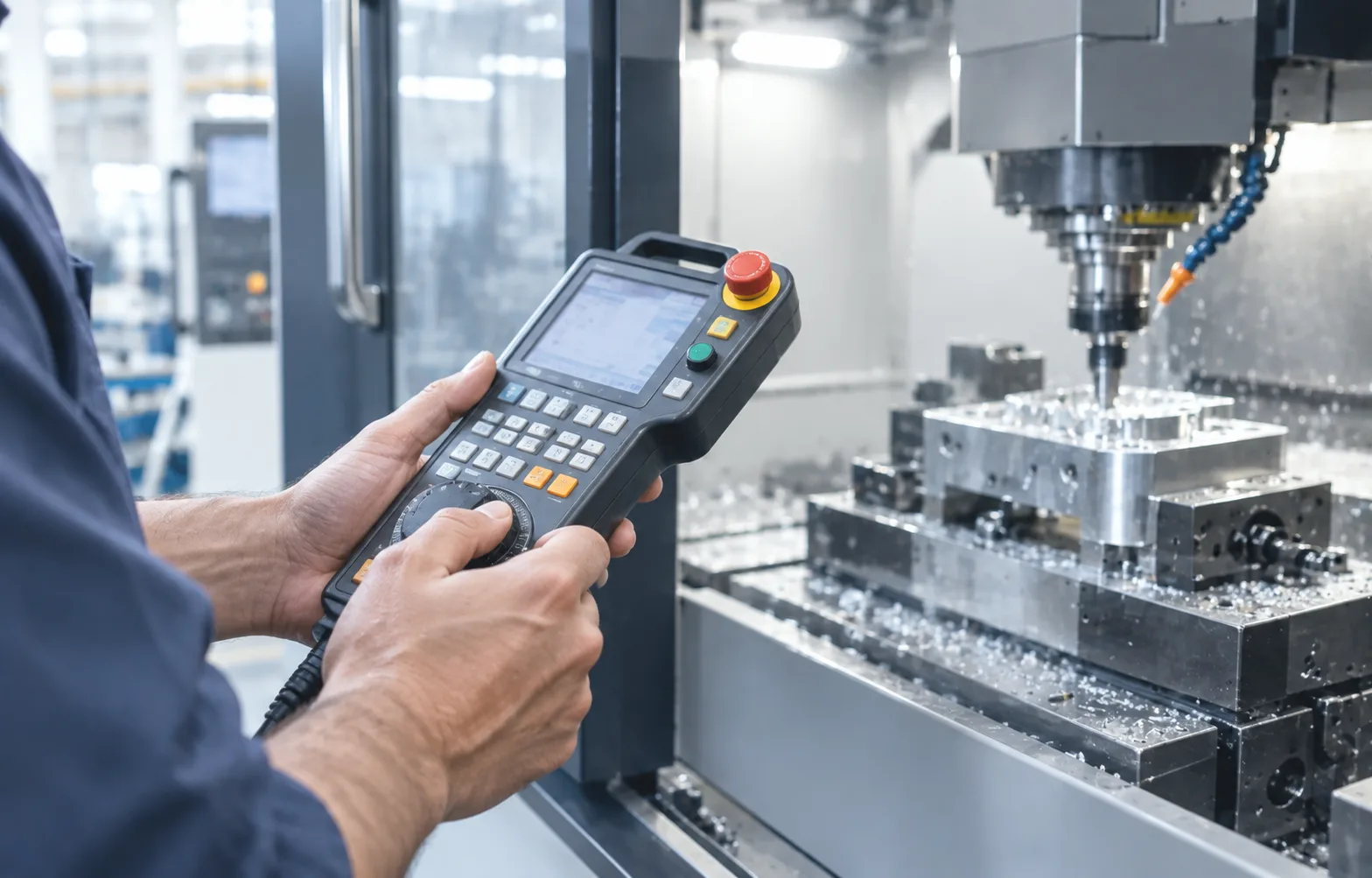Experienced hands adjusting a machine control