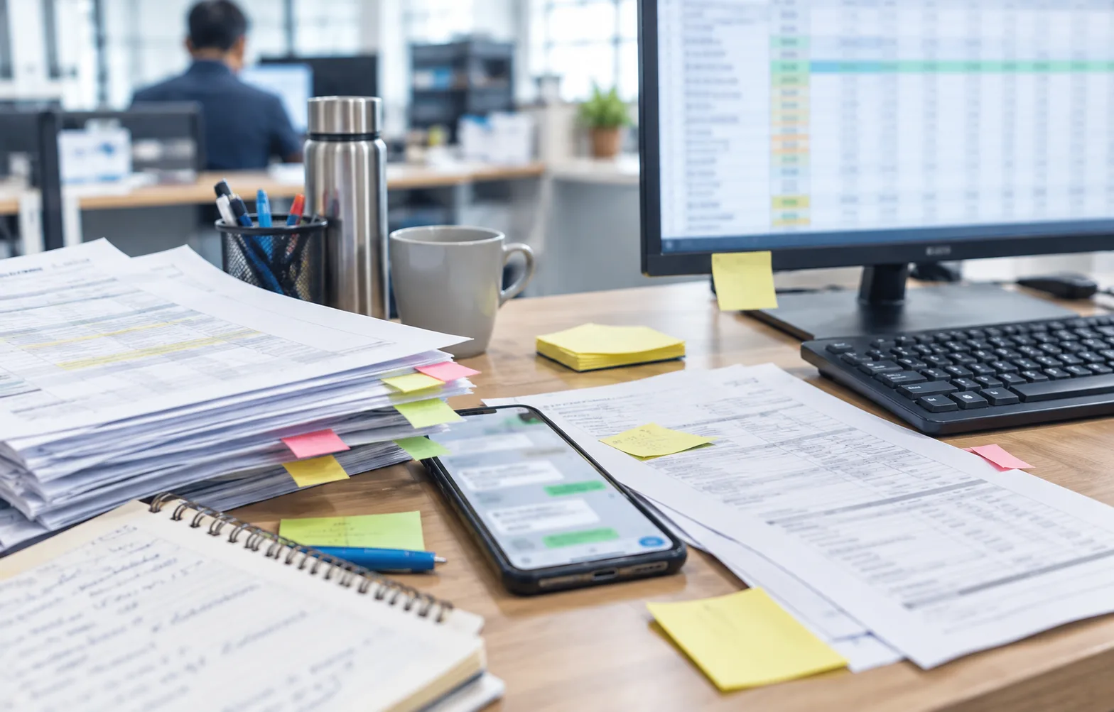 Order scattered across paper notes, phone and spreadsheet